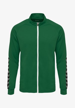 Groene zip-up jack met gestructureerde stof, witte rits en zwart-grijze gedessineerde accenten op de mouwen. Standaard kraag en mouwen van volledige lengte.