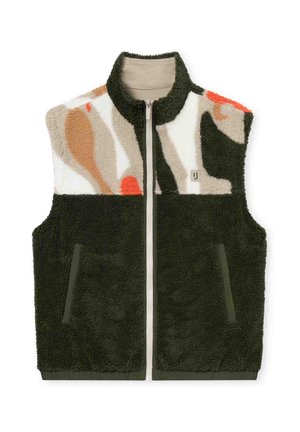 Fleece vesta s vícbarevným vzorem v béžové, oranžové a černé barvě, s tmavě zelenou spodní částí a zipovým uzávěrem.