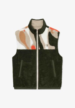 Fleece vest met een veelkleurig patroon in beige, oranje en zwart, met een donkergroene ondersectie en een ritssluiting.