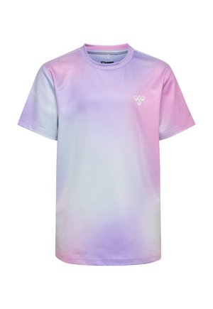 Kortærmet sportst-shirt med pastelfarvet gradient i nuancer af pink, lilla og blå, med en lille hvid bi-logo på brystet.