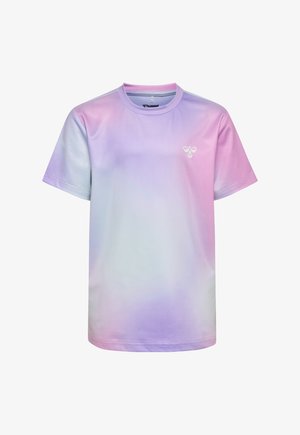 Short-sleeve sports t-shirt with pastel gradient colors blending pink, purple, and blue, featuring a small white bee logo on the chest.