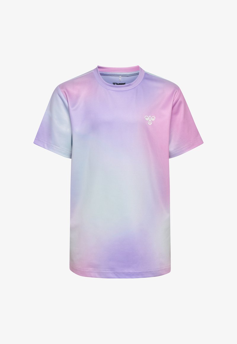 Kortærmet sportst-shirt med pastelfarvet gradient i nuancer af pink, lilla og blå, med en lille hvid bi-logo på brystet.