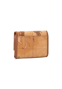 Portafoglio in pelle marrone con superficie texture, caratterizzato da una stampa di una mappa antica, design bi-fold e bordi cuciti. Misure compatte.