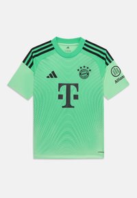 Maillot de gardien de but vert avec des accents noirs, doté d'un col rond, du logo Adidas, d'un grand logo T-Mobile et d'éléments de design du Bayern Munich.