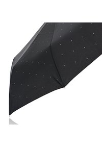 Czarna parasolka o gładkiej fakturze, z małymi białymi kropkami w rozproszonym wzorze. Pokazuje kształt czaszy z boku.
