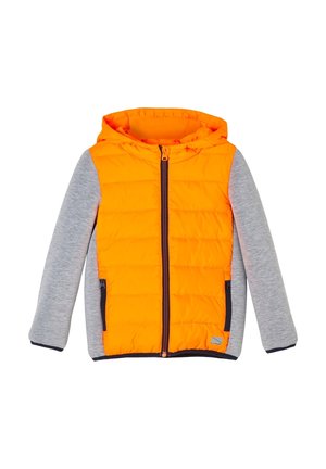 Farveblokket jakke med orange vatteret front og grå ærmer. Har hætte, lynlåslukning og sidelommer. Glat tekstur.