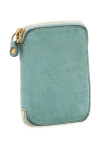 Piccola borsa quadrata in pelle teal con zip dorata che avvolge tre lati e bordi cuciti.