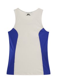 Top atletico senza maniche in grigio chiaro con pannelli laterali texturizzati blu. Presenta un collo rotondo e un logo nero sul retro.