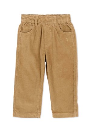 Pantaloni in velluto a coste marrone chiaro per bambino con vita elastica, passanti per cintura, due tasche anteriori e piccolo dettaglio ricamato sulla tasca destra.