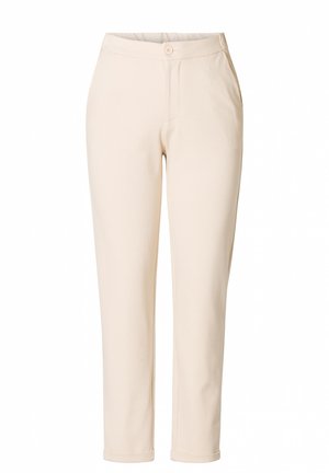 Beige katoenen broek met een gladde textuur, voorzien van een knoopsluiting aan de voorkant, riemlussen en taps toelopende benen die boven de enkel eindigen.