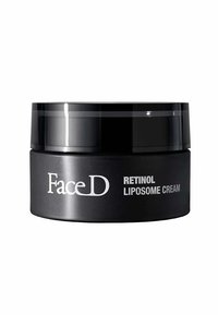Vaso nero di FaceD Retinol Liposome Cream. Superficie liscia, forma rotonda e finitura opaca. Testo bianco per il nome del prodotto e i dettagli.
