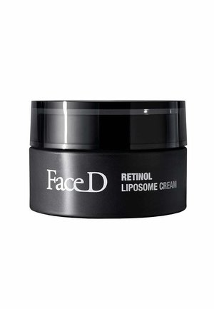 Schwarzer Behälter des FaceD Retinol Liposomen-Cremes. Glatte Oberfläche, runde Form und matte Oberfläche. Weiße Schrift für Produktnamen und Details.