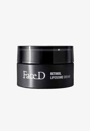 Schwarzer Behälter des FaceD Retinol Liposomen-Cremes. Glatte Oberfläche, runde Form und matte Oberfläche. Weiße Schrift für Produktnamen und Details.