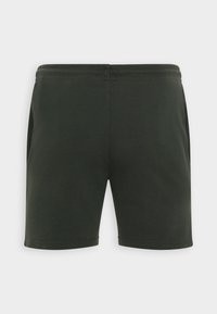 Donkergroene sportshorts van zachte stof, met een elastische tailleband en zijzakken. Eenvoudig ontwerp met een gladde textuur.