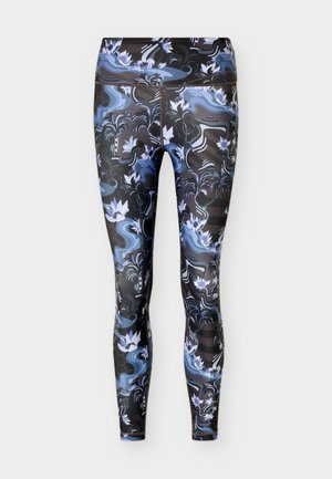 Leggings avec une taille haute présentant une base noire et un motif floral tourbillonnant en bleu, blanc et violet sur toute la surface.