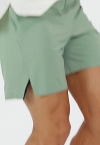 Pantalones cortos de un verde claro con un ajuste relajado, que cuentan con aberturas laterales y una textura de tela suave. El diseño no incluye hardware ni acentos visibles.