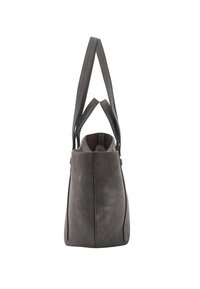 Graue Wildleder-Tasche mit zwei flachen Schulterriemen, die ein minimalistisches Design und sanft abgerundete Kanten präsentiert. Offenes Oberteil und klare Linien.