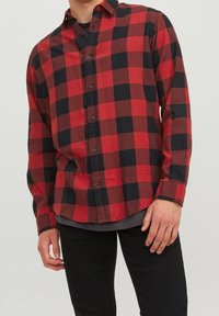 Camicia di flanella a quadri rossi e neri con placca bottonata, maniche lunghe e orlo arrotondato, indossata sopra una maglietta grigia.