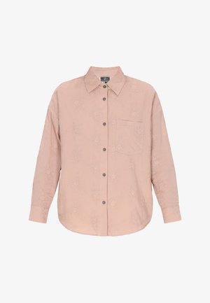 Világos rózsaszín ing, texturált anyagból készült, hímzett virágmintával, gombos záródással, galléros nyakkal és egyetlen mellzsebbel.