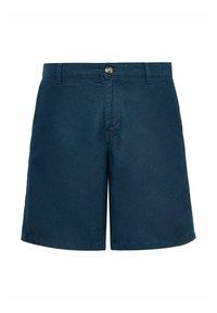 Granatowe szorty wykonane z miękkiego materiału, z zapięciem na guzik z przodu, szlufkami na pasek i prostym krojem z minimalnym zdobieniem.