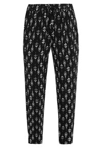 Zwarte broek met een geometrisch wit patroon. Lichtgewicht stof met een elastische tailleband en trekkoord voor een verstelbare pasvorm.