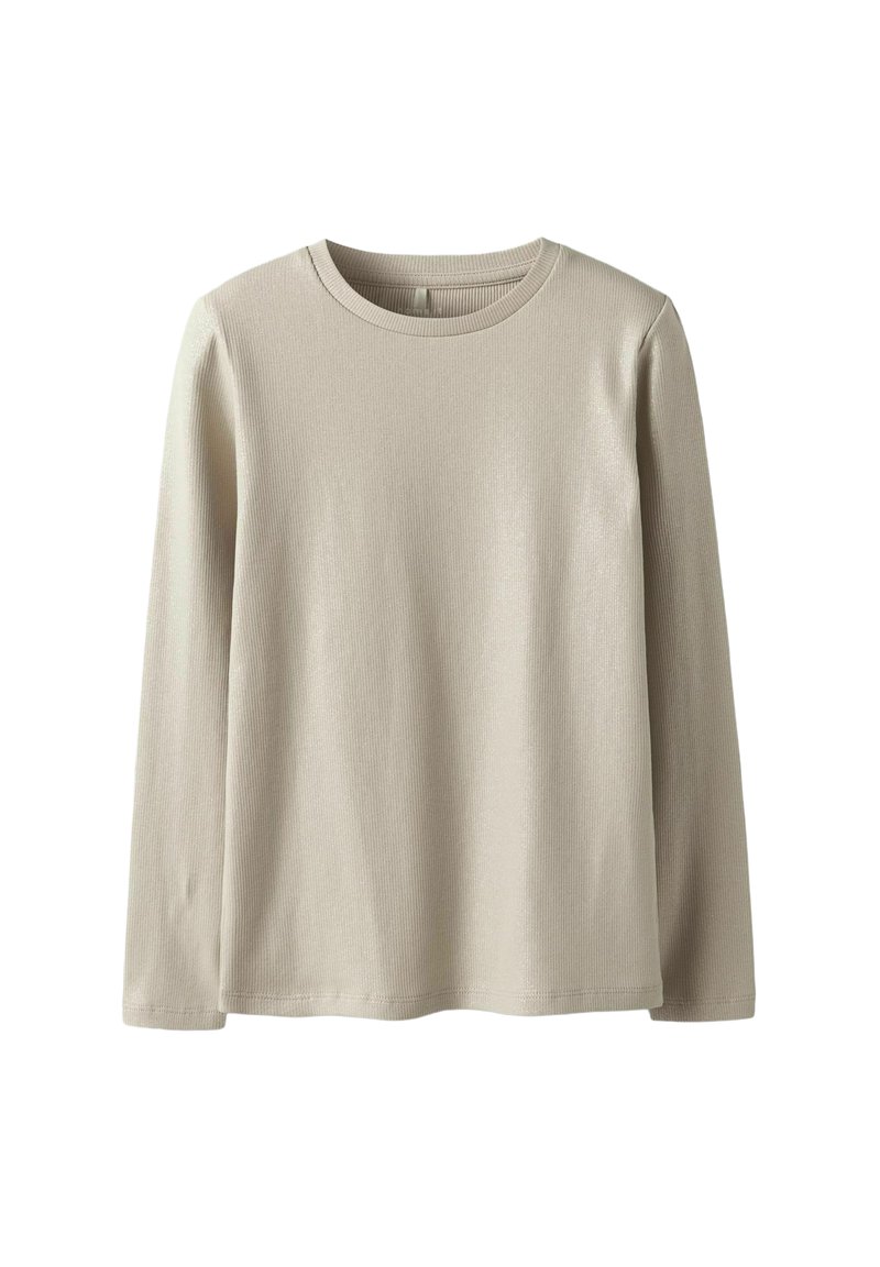 Langärmliges Oberteil in Hellbeige, aus geripptem Stoff gefertigt. Mit Rundhalsausschnitt und geradem Schnitt, minimalen Nähten und ohne Muster.