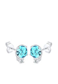 Boucles d'oreilles rondes avec des pierres précieuses bleu clair et des accents transparents, montées en métal argenté. Présente un design de clou simple et une finition polie.