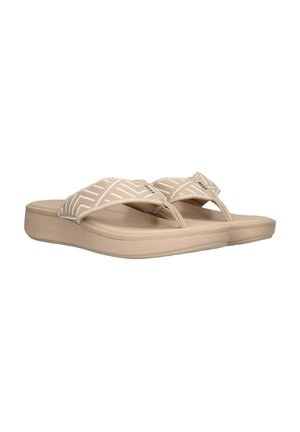 Beige flip-flop sandals with a patterned fabric strap, durable rubber sole, and a cushioned footbed for comfort.