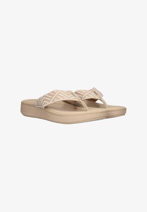Beige flip-flop sandals with a patterned fabric strap, durable rubber sole, and a cushioned footbed for comfort.