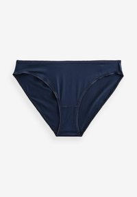 Marineblauwe stretchstof bikini-ondergoed met een gladde textuur, elastische tailleband en minimale stikdetails.