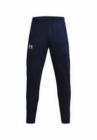 Námořnické sportovní kalhoty vyrobené z pružné látky, s elastickým pasem, bočními kapsami a bílými pruhy na manžetách. Zobrazené logo Under Armour.