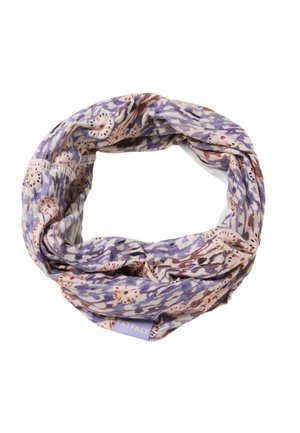 Light purple infinity scarf with abstract floral and brushstroke patterns in pink, brown, and dark purple, labeled with a small lavender tag.