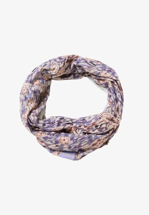 Light purple infinity scarf with abstract floral and brushstroke patterns in pink, brown, and dark purple, labeled with a small lavender tag.