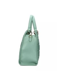 Borsa in pelle verde menta con design trapuntato, dotata di due manici corti e dettagli in metallo dorato sui lati.