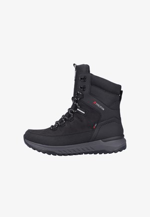 Schwarze Knöchelstiefel aus strukturiertem Stoff, verstärkten Seiten und Schnürung vorne. Mit gepolstertem Schaft und einer robusten Gummisohle für besseren Halt.