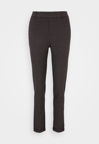Pantaloni da donna a gamba affusolata a quadri in tonalità scure, con frontale piatto e polsini orlati, esposti su uno sfondo bianco.