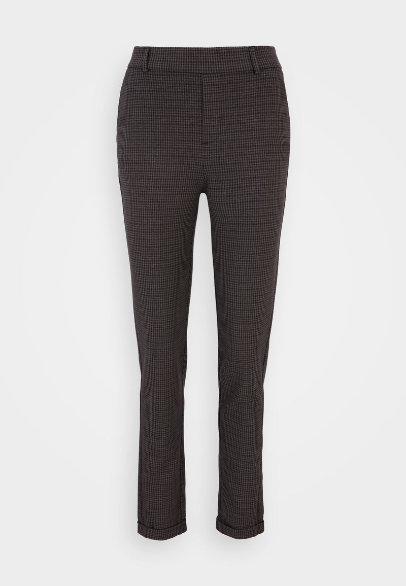 Pantaloni da donna a gamba affusolata a quadri in tonalità scure, con frontale piatto e polsini orlati, esposti su uno sfondo bianco.