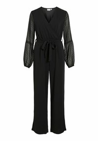 Črno enodelno oblačilo z ovitkovim dizajnom, dolgimi prozornimi puf rokavi, ki vključujejo pikčasto vzorje, in krpico za zavezovanje v pasu. Gladka tekstura.