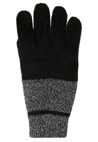 Knitted glove with a black top and gray textured body. Features ribbed cuff and contrasting yarn pattern. Five-finger design.