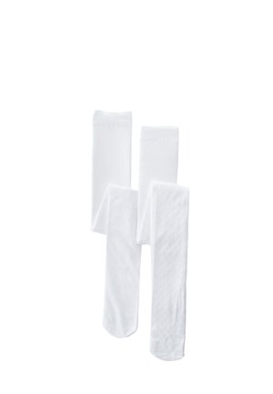 Two pairs of plain white knee-high socks laid flat, showing the full length and foot area on a white background.