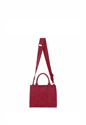 Red rectangular handbag with dual handles and an adjustable shoulder strap featuring cursive text on a white background.