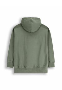 Zielona bluza z kapturem o gładkiej fakturze, z długimi rękawami i prążkowanym dołem. Minimalistyczny design bez widocznych grafik czy wzorów.