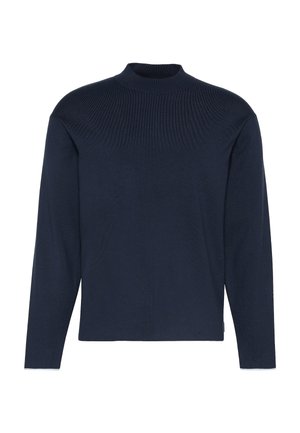 Mørkeblå langærmet pullover med høj hals, ribbet struktur og afslappet pasform. Fremstillet af blødt strikket materiale. Ingen synlige pynt.