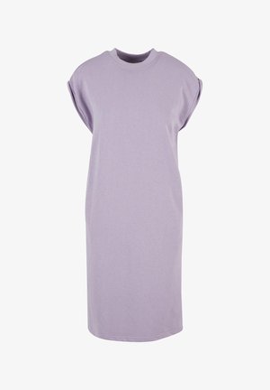 Lavendel bomulds kjole med korte ærmer, rund halsudskæring og en afslappet pasform. Glat tekstur og knælængde design. Ingen mønstre eller accenter.
