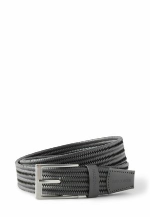 Sort vævet læderbælte med sølv rektangulær spænde, læderloop og syet læderendestykke præget med "Falconeri" mærket.