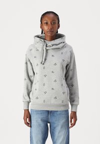 Gray hoodie with a large, soft funnel neck and drawstring. Features small black floral patterns throughout. Lightweight fabric, relaxed fit.