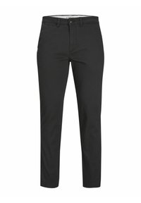 Chino neri in cotone con taglio dritto, tasche frontali e chiusura con bottone. Texture liscia e design semplice, adatti per un abbigliamento casual.