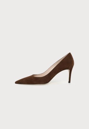 Chaussure à talon haut pour femme en daim marron avec bout pointu et talon fin sur fond blanc.