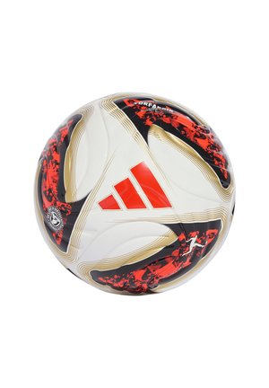 Pallone da calcio Adidas bianco con motivi astatti rossi, neri e dorati e loghi su sfondo bianco.