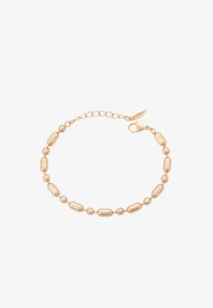 Arany tónusú karkötő, amely különböző textúrájú ovális és kerek gyöngyöket tartalmaz, csattal és állítható lánccal a méret beállításához.